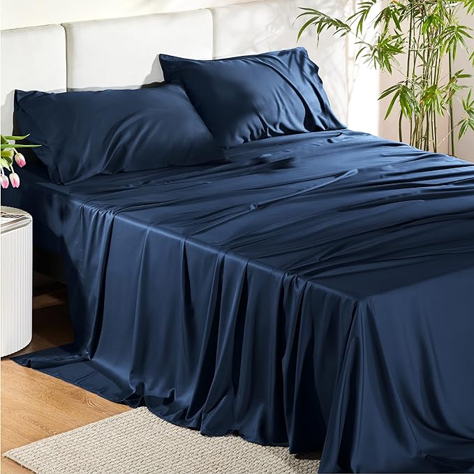 Bedsure King Size Sheet Set, Cooling Sheets King, Rayon Derived from Bamboo, Deep Pocket Up to 16", Breathable & Soft Bed Sheets, Hotel Luxury Silky Bedding Sheets & Pillowcases, Navy - LeafyLoom