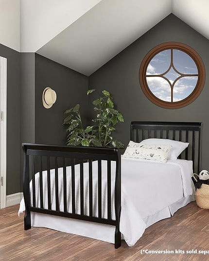 Aden 4-in-1 Convertible Mini Crib In Black, Greenguard Gold Certified, Non-Toxic Finish, New Zealand Pinewood, With 3 Mattress Height Settings - LeafyLoom