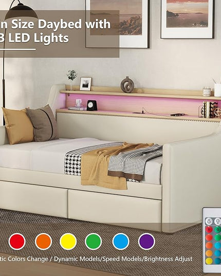 Twin Size Daybed with 2 Storage Drawers, Upholstered Daybed with Charging Station and LED Lights, Twin Size Day Bed Frame for Living Room, Bedroom, Beige - LeafyLoom