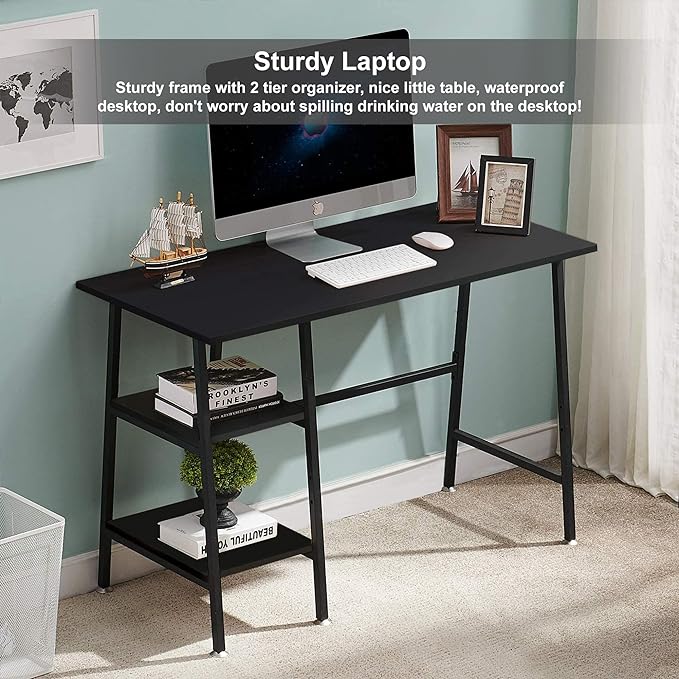 VECELO 43 Inch Home Office Computer Easy to Assemble Simple Table Modern Student Study Desk,Water Proof, Black+black leg - LeafyLoom