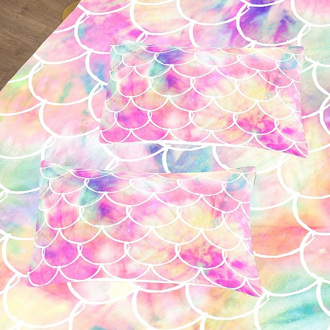 NINENINE Mermaid Comforter Bedding Set,Girls Twin Size Bedding Set,Mermaid Bedding Set,Rainbow Scales Bedding Sets with 1Comforter 1Pillowcase - LeafyLoom