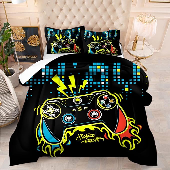 Gamer Bedding Set for Boys Girls Twin Size Game Controller Comforter Sets Kids Gamepad Bedspread for All Season Gaming Theme Bedroom Decor - LeafyLoom