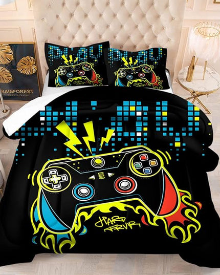 Gamer Bedding Set for Boys Girls Twin Size Game Controller Comforter Sets Kids Gamepad Bedspread for All Season Gaming Theme Bedroom Decor - LeafyLoom