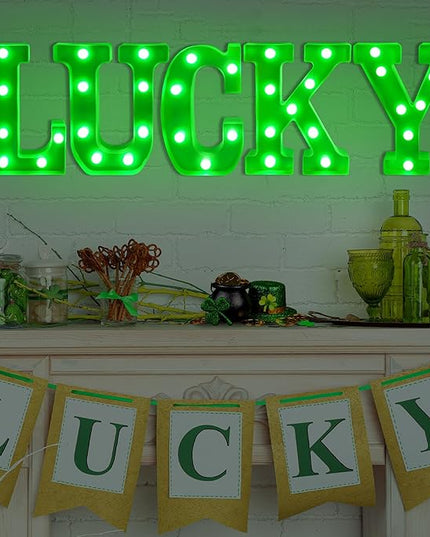 Tifeson St Patricks Day Decorations, St Patricks Day Decor - 5 LED Marquee Light Up Letters “Lucky” with Green Lights for Home Table Mantle Irish Saint Patrick’s Party Decor (Batteries Not Included) - LeafyLoom