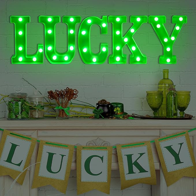 Tifeson St Patricks Day Decorations, St Patricks Day Decor - 5 LED Marquee Light Up Letters “Lucky” with Green Lights for Home Table Mantle Irish Saint Patrick’s Party Decor (Batteries Not Included) - LeafyLoom