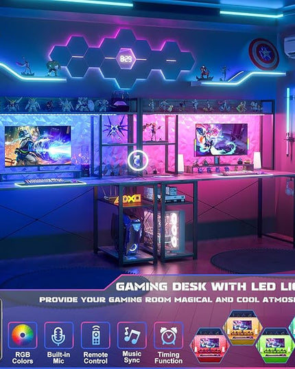 Cyclysio Gaming Desk with Hutch, 47'' Computer Desk with LED Lights & Power Outlets, Home Office Desk with Reversible 5 Tiers Storage Shelves & Monitor Stand, Small Gaming Table for Small Space, Grey - LeafyLoom