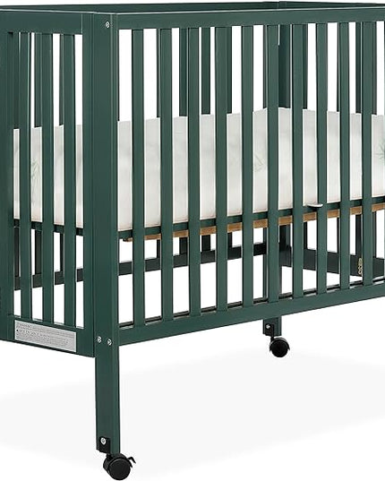 Quinn Full-Size Folding Crib in Olive, Removeable Wheels, Modern Nursey, Adjustable Mattress Support, Portable Crib, Patented Folding System - LeafyLoom