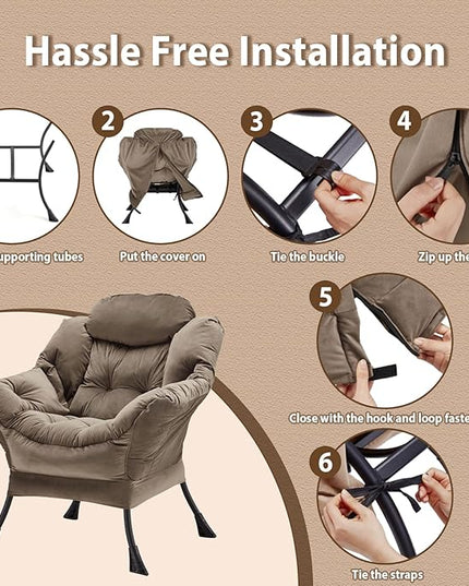 Lazy Chair Thick Padded, Accent Chair Velvet Upholstered with Wide Seat, Stable Metal Frame and Non-Slip Pad, Modern Sofa Armchair with Side Storage Bag for Dorm, Room, Office, Dark Gray - LeafyLoom