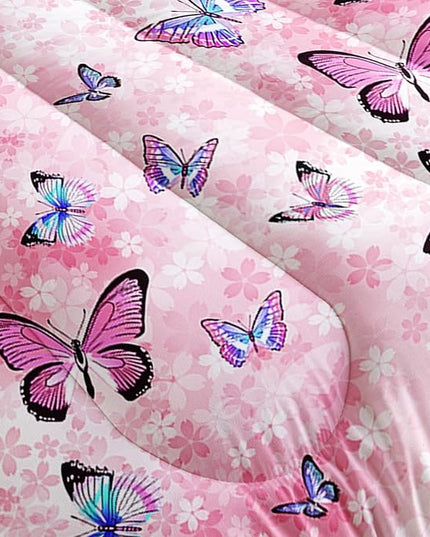 Datura home Kids Comforter Set Girls Pink Flower Butterfly Printed Pattern Quilt Bedding with 1 and 2 Pillowcases for Bedroom All Season(Pink Full) Full 80x90inches - LeafyLoom