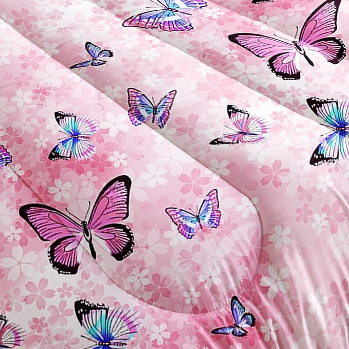 Datura home Kids Comforter Set Girls Pink Flower Butterfly Printed Pattern Quilt Bedding with 1 and 2 Pillowcases for Bedroom All Season(Pink Queen) Queen 90x90inches - LeafyLoom