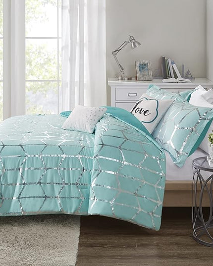 Intelligent Design Raina Full / Queen Comforter Set, Soft Microfiber Comforter Set Queen, Modern Geometric Metallic Bed Set, 5 Pieces College Bedding Comforter Set with 2 Shams, 2 Toss Pillows Aqua - LeafyLoom
