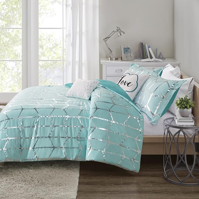 Intelligent Design Raina Full / Queen Comforter Set, Soft Microfiber Comforter Set Queen, Modern Geometric Metallic Bed Set, 5 Pieces College Bedding Comforter Set with 2 Shams, 2 Toss Pillows Aqua - LeafyLoom