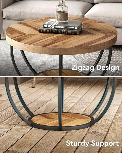 Round Coffee Table, 32" Circle Coffee Table for Living Room, 2-Tier Wood Accent Center Table with Open Storage Industrial Design Home Furniture (Wood Grain and Black) - LeafyLoom