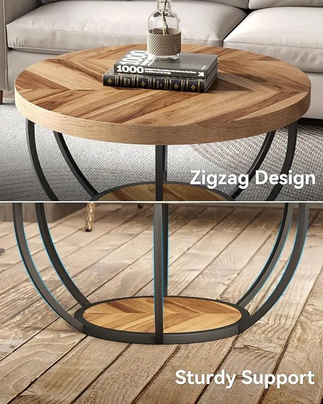 Round Coffee Table, 32" Circle Coffee Table for Living Room, 2-Tier Wood Accent Center Table with Open Storage Industrial Design Home Furniture (Wood Grain and Black) - LeafyLoom