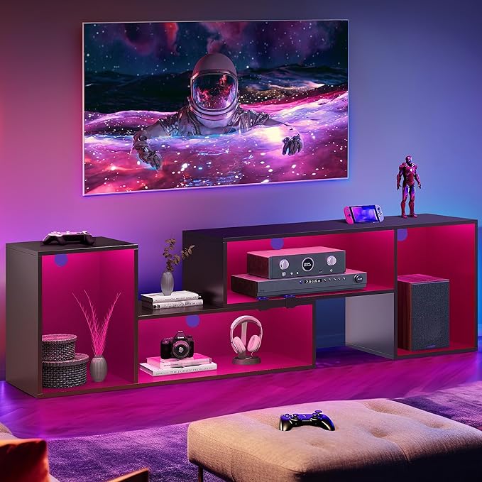 YITAHOME DIY TV Stand w/LED Strip, Modern Deformable Entertainment Center for 75/70/65/60/55/50/45 inch TVs, Gaming TV Consoles 2 Pieces Media Console Cabinet for 300lbs for Living Room, Black - LeafyLoom