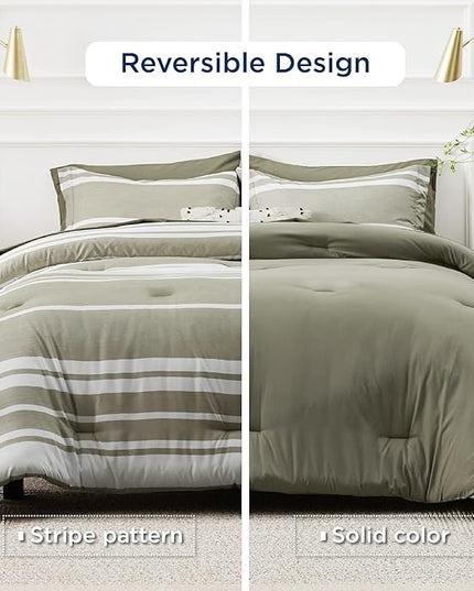 Bedsure Bed in a Bag King 7 Pieces, Olive Green White Striped Bedding Comforter Sets All Season Bed Set, 2 Pillow Shams, Flat Sheet, Fitted Sheet and 2 Pillowcases - LeafyLoom