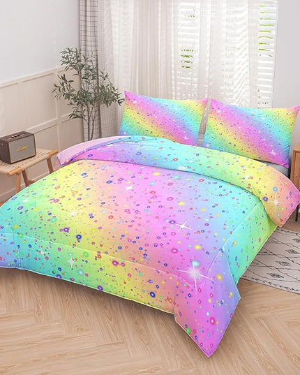 Girls Comforter Set Queen, Rainbow Bedding Set, Galaxy Twinkle Bedding for Kids Teens, Colorful Pastel Bedding Set, 5 pcs Bed in A Bag Queen, Kids Princess Bedding Set for Girls - LeafyLoom