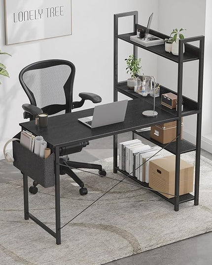 Treesland 47 Inch Computer Desk with Bookshelf, Corner Desk with Storage, L Shaped Desk, Home Office Desks, Writing Study Desk for Bedroom, Black - LeafyLoom