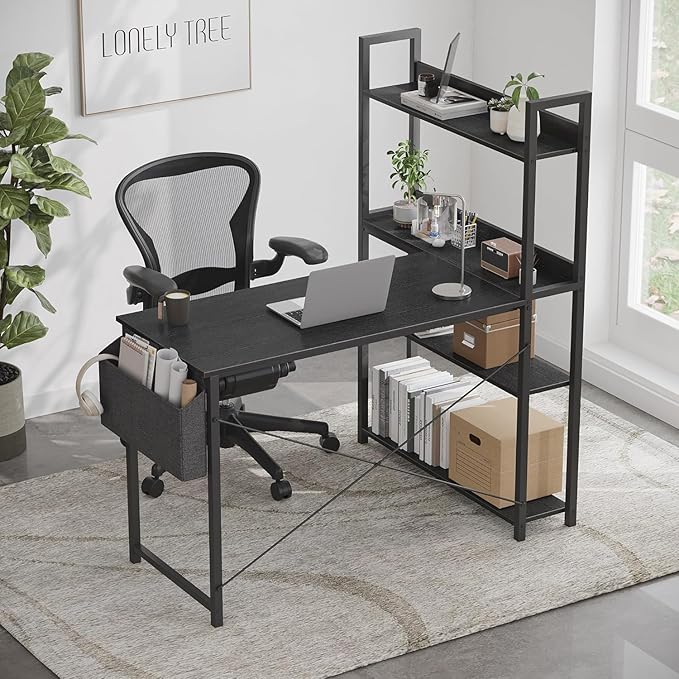 Treesland 47 Inch Computer Desk with Bookshelf, Corner Desk with Storage, L Shaped Desk, Home Office Desks, Writing Study Desk for Bedroom, Black - LeafyLoom