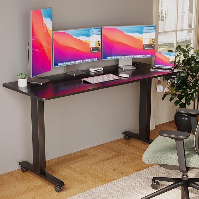 Electric Standing Desk 60 Inch, Ergonomic Height Adjustable Table with T-Shaped Metal Bracket Modern Computer Workstations for Home Office, Black - LeafyLoom