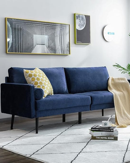 Vonanda Velvet Sofa Couch, Mid Century Modern 73 inch 3-Seater Sofa Couches with High-Density Sponge Comfy Tufted Soft Cushion and 2 Bolster Pillows for Living Room, Elegant Royal Blue - LeafyLoom