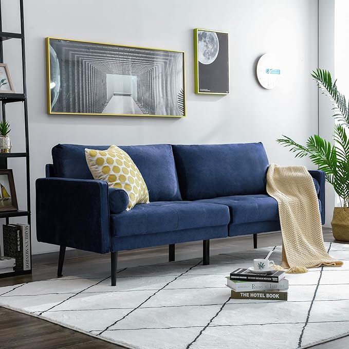 Vonanda Velvet Sofa Couch, Mid Century Modern 73 inch 3-Seater Sofa Couches with High-Density Sponge Comfy Tufted Soft Cushion and 2 Bolster Pillows for Living Room, Elegant Royal Blue - LeafyLoom