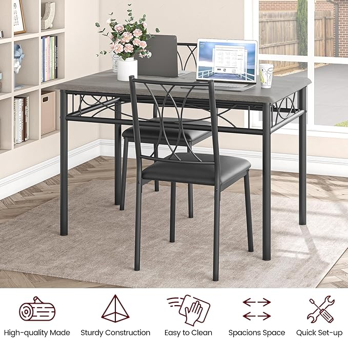 Kitchen Table and Chairs for 4, Dining Table Set for 4 with Upholstered Chairs, Kitchen Table Set Metal and Wood Rectangular Dining Table Set for Small Space, Apartment, Breakfast, Retro Gray - LeafyLoom