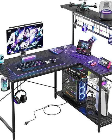 Bestier Gaming Desk with Power Outlets,42 Computer Desk with LED Lights, Reversible Corner Desk with 4-Tier Shelves,Cup Holder & Hook for Home Office,Carbon Fiber Black - LeafyLoom