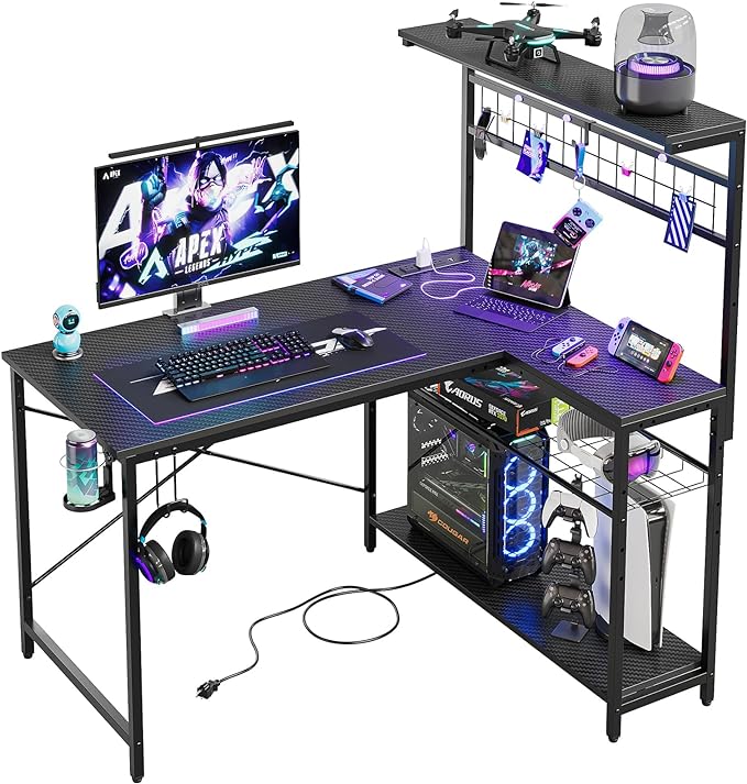 Bestier Gaming Desk with Power Outlets,42 Computer Desk with LED Lights, Reversible Corner Desk with 4-Tier Shelves,Cup Holder & Hook for Home Office,Carbon Fiber Black - LeafyLoom