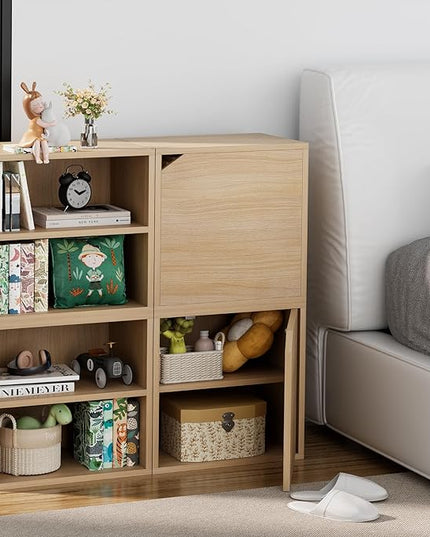 Storage Cube 2 Tires Natural Stackable Storage Shelf with Door, Cubby Organizer Wooden Display Shelf Closet Organizer,Modern Cubical Bookcase Small Storage Cabinet for Living Room Bedroom - LeafyLoom