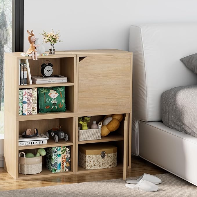 Storage Cube 2 Tires Natural Stackable Storage Shelf with Door, Cubby Organizer Wooden Display Shelf Closet Organizer,Modern Cubical Bookcase Small Storage Cabinet for Living Room Bedroom - LeafyLoom