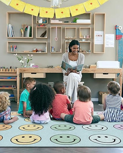 Flagship Carpets Schoolgirl Style Pastel Rainbow Smileys Criss-Cross Applesauce Educational Area Rug for Kids Room, Children's Classroom for Teaching and Playroom, 7'6" x 12', Multi, Seats 28 - LeafyLoom