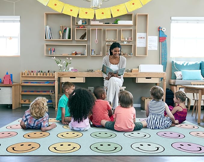Flagship Carpets Schoolgirl Style Pastel Rainbow Smileys Criss-Cross Applesauce Educational Area Rug for Kids Room, Children's Classroom for Teaching and Playroom, 7'6" x 12', Multi, Seats 28 - LeafyLoom