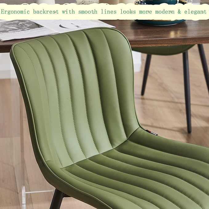 YOUNUOKE Olive Green Dining Chairs Set of 2 Upholstered Mid Century Modern Kitchen Chair Armless Faux Leather Side Chairs with Padded Back Metal Legs for Living Room Bedrooms - LeafyLoom