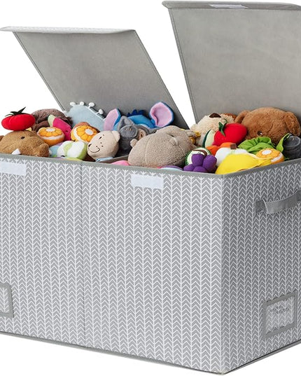 GRANNY SAYS Toy Chest with Lids, Foldable Toy Storage Organizer with Handles, Stuffed Animal Storage for Nursery Room Playroom, Living Room, Large Toy Box for Girls and Boys, Gray/Black - LeafyLoom