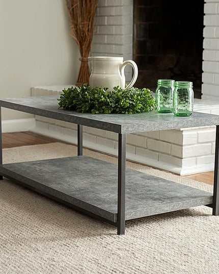 Household Essentials Jamestown Rectangular Coffee Table with Storage Shelf Rustic Slate Concrete and Black Metal, Grey - LeafyLoom