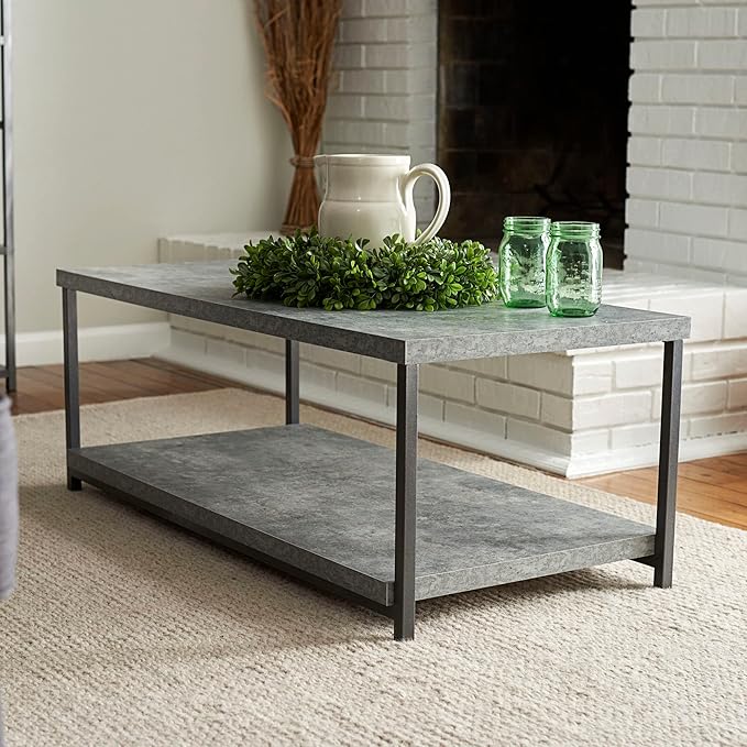 Household Essentials Jamestown Rectangular Coffee Table with Storage Shelf Rustic Slate Concrete and Black Metal, Grey - LeafyLoom