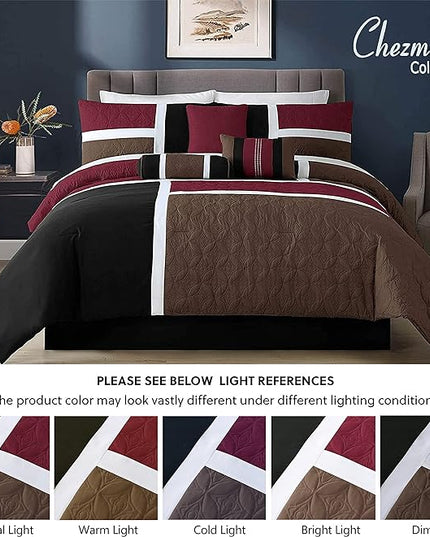 Chezmoi Collection Upland 7-Piece Quilted Patchwork Comforter Set, Burgundy/Black/Brown, King - LeafyLoom