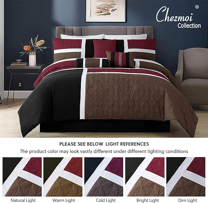 Chezmoi Collection Upland 7-Piece Quilted Patchwork Comforter Set, Burgundy/Black/Brown, King - LeafyLoom