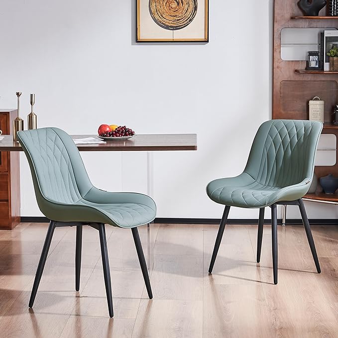 YOUNIKE Dining Chairs set of 2 with High Back Mid Century Modern Kitchen & Dining Room Chairs PU Faux Leather Upholstered sillas de comedor Comfortable Padded Accent Chair with Metal Leg Greyish Green - LeafyLoom