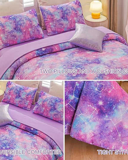 Btargot Lightweight Microfiber 6 Piece Comforter Set, Tie Dye Galaxy Constellation Pattern Bedding Set for Boys Girls Teen, Queen Purple - LeafyLoom
