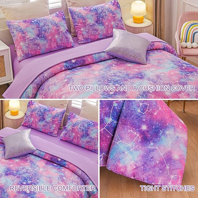 Btargot Lightweight Microfiber 6 Piece Comforter Set, Tie Dye Galaxy Constellation Pattern Bedding Set for Boys Girls Teen, Queen Purple - LeafyLoom