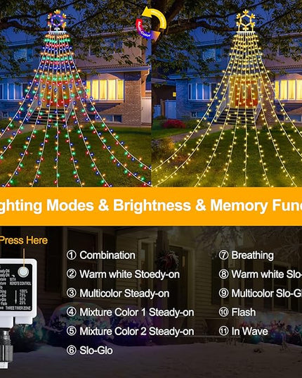 PUHONG Christmas Decorations, 320 LED Outdoor String Lights, Snowflakes Hanging Christmas Tree Topper Lights with 11 Modes for Holiday, Wedding, Party, Yard Decor (Warm White&Multicolored) PUHONG