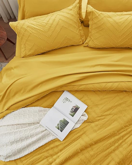 Anluoer Twin Comforter Set, Mustard Yellow Tufted Bed in a Bag 5 Pieces with comforters and sheets, All Season Bedding Sets with 1 Comforter, 1 PillowShams, 1 Pillowcases, 1 Flat Sheet, 1 Fitted Sheet - LeafyLoom