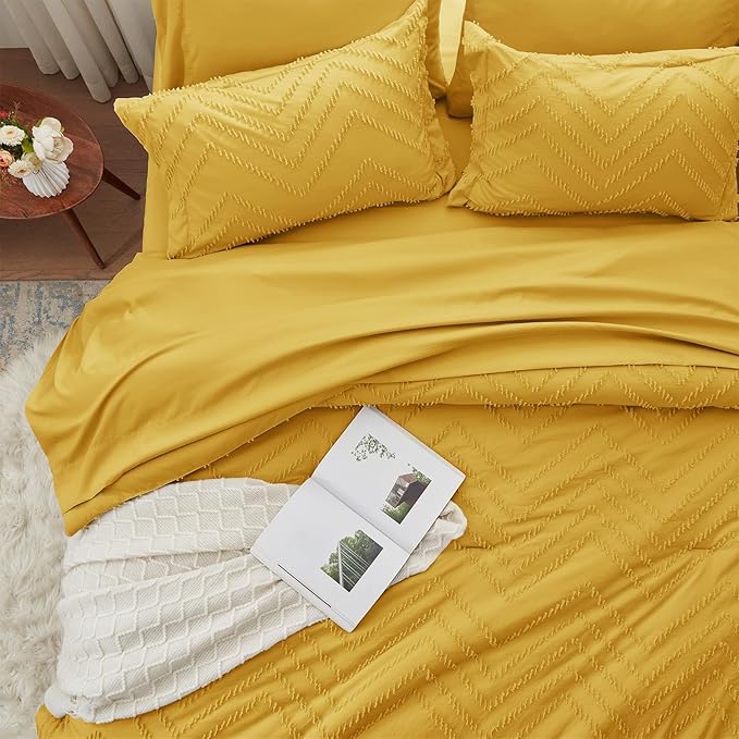 Anluoer Twin Comforter Set, Mustard Yellow Tufted Bed in a Bag 5 Pieces with comforters and sheets, All Season Bedding Sets with 1 Comforter, 1 PillowShams, 1 Pillowcases, 1 Flat Sheet, 1 Fitted Sheet - LeafyLoom