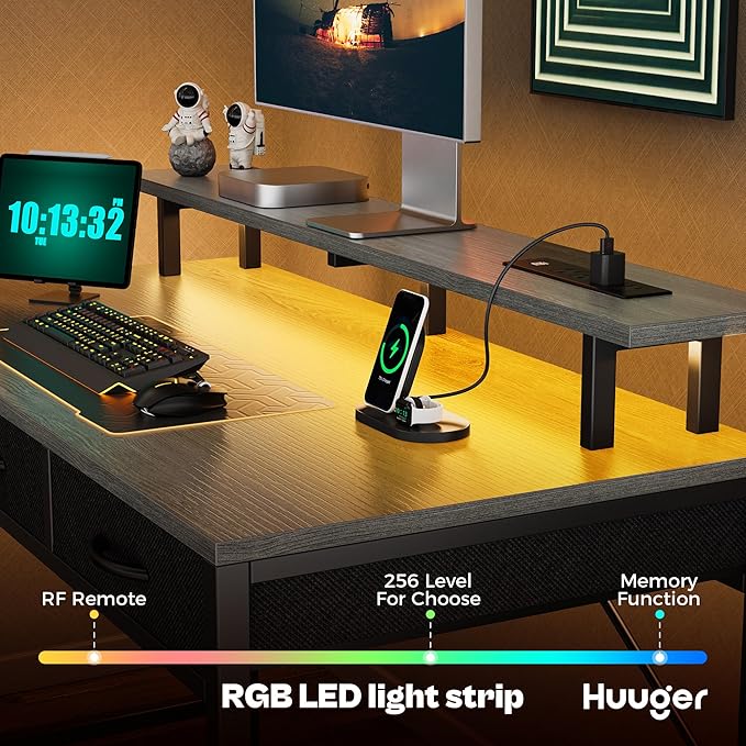 47 inch Computer Desk with 3 Drawers, Office Desk Gaming Desk with LED Lights & Power Outlets, Home Office Desks with Storage Space for Bedroom, Work from Home, Gray - LeafyLoom
