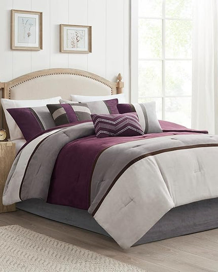 Madison Park Palisades Comforter Set Modern Faux Suede Pieced Stripe Design, All Season Down Alternative Cozy Bedding with Matching Shams, Decorative Pillows, King(104"x92"), Purple 7 Piece - LeafyLoom