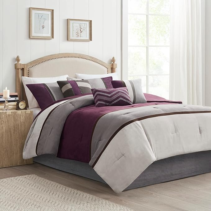 Madison Park Palisades Comforter Set Modern Faux Suede Pieced Stripe Design, All Season Down Alternative Cozy Bedding with Matching Shams, Decorative Pillows, King(104"x92"), Purple 7 Piece - LeafyLoom