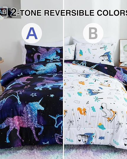 Meeting Story Dinosaur Comforter Set, Fluorescence Gradation Unicorn Twin Comforter Set, 3 PCS 1 Comforter and 2 Pillowcases in One Bag, All Season Bedspread for Kids Teens Adults（Twin） - LeafyLoom