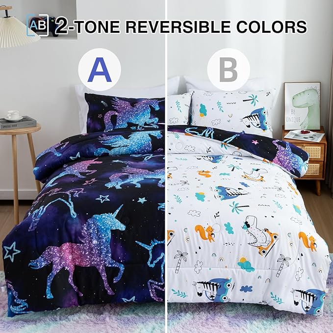 Meeting Story Dinosaur Comforter Set, Fluorescence Gradation Unicorn Twin Comforter Set, 3 PCS 1 Comforter and 2 Pillowcases in One Bag, All Season Bedspread for Kids Teens Adults（Twin） - LeafyLoom